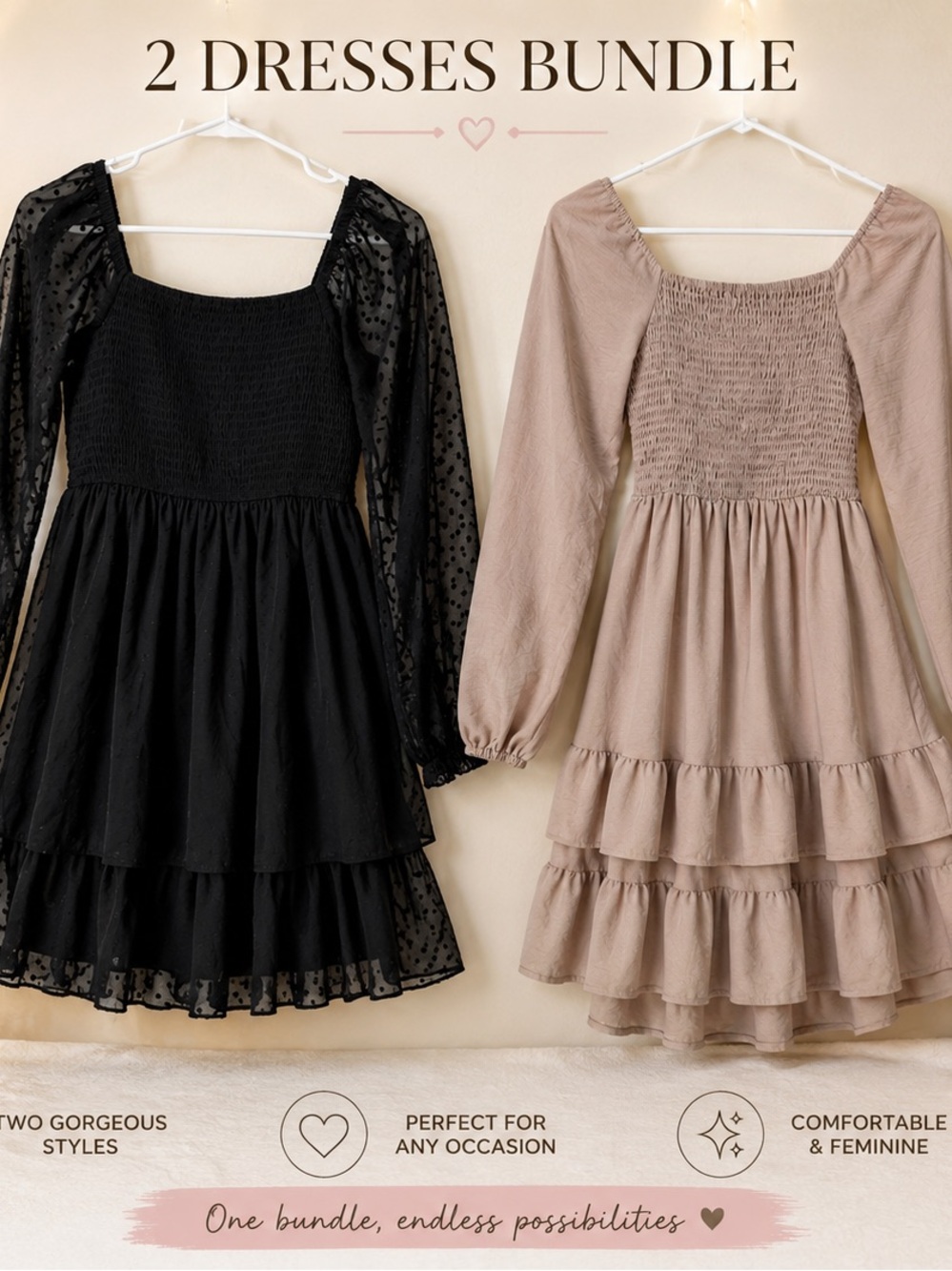 Tween Black & Taupe Smocked Tiered Dresses Bundle